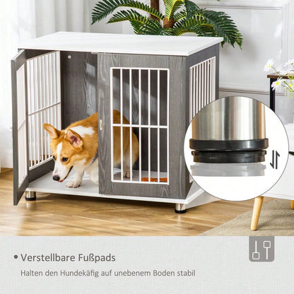 3-in-1 Hundetransportbox mit Tischplatte | Hundehütte aus Holz mit Kissen & Kleintierkäfig | Nutzbar als Beistelltisch | Grau-Weiß | 85x55x75 cm | von PawHut