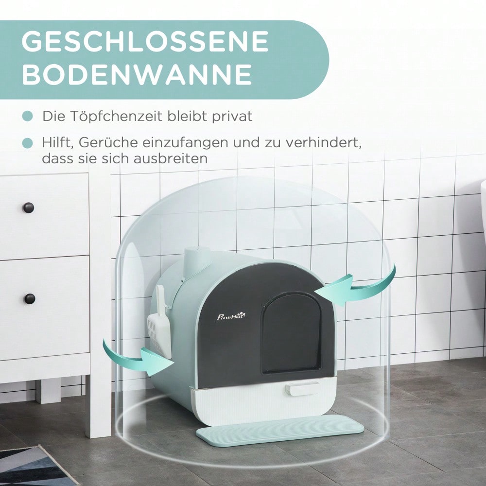 Geschlossene Katzentoilette mit Haube & Deckel | Inkl. Katzenstreu-Matte | Für Katzen bis 5 kg | Aus Kunststoff, Grün | 43x44x47 cm | von PawHut