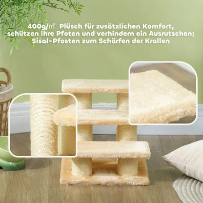 Tiertreppe für alte Katzen mit Arthritis | Mit niedrigen Stufen (11 cm) & weicher Polsterung | Leicht zu steigen für Hunde & Katzen | Cremefarben | von PawHut