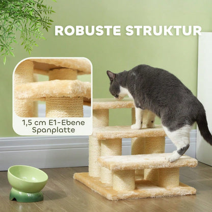 Tiertreppe für alte Katzen mit Arthritis | Mit niedrigen Stufen (11 cm) & weicher Polsterung | Leicht zu steigen für Hunde & Katzen | Cremefarben | von PawHut