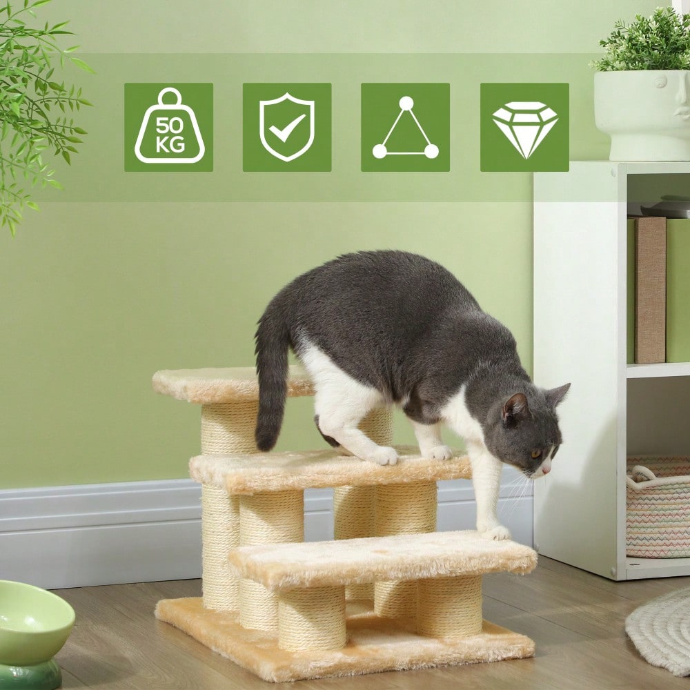 Tiertreppe für alte Katzen mit Arthritis | Mit niedrigen Stufen (11 cm) & weicher Polsterung | Leicht zu steigen für Hunde & Katzen | Cremefarben | von PawHut