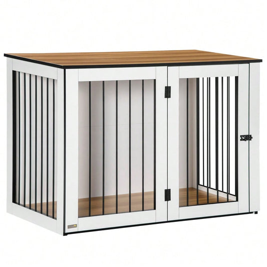 Hundekäfig für die Wohnung | Für kleine & mittelgroße Hunde | Mit verriegelbaren Türen & Spanplatten-Dach | 106x60x76 cm | Dunkelbraun/Weiß | von PawHut