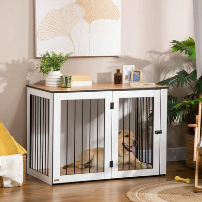 Hundekäfig für die Wohnung | Für kleine & mittelgroße Hunde | Mit verriegelbaren Türen & Spanplatten-Dach | 106x60x76 cm | Dunkelbraun/Weiß | von PawHut