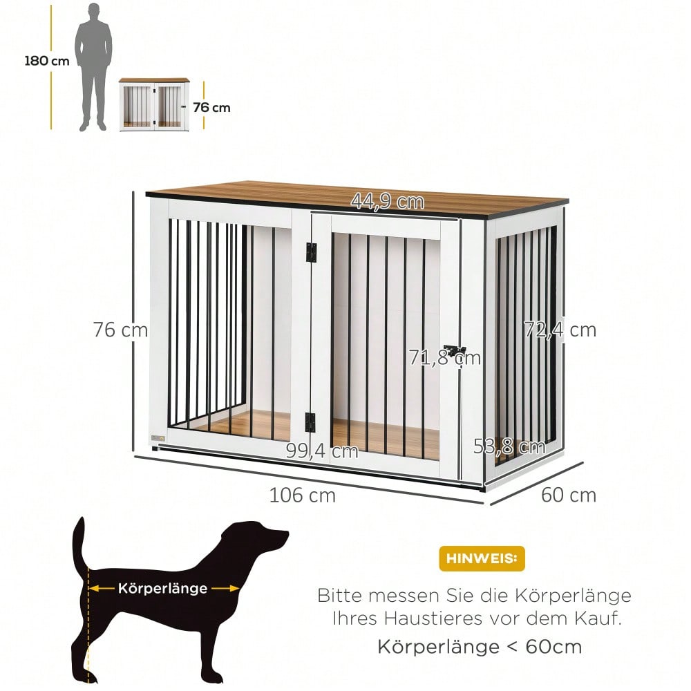Hundekäfig für die Wohnung | Für kleine & mittelgroße Hunde | Mit verriegelbaren Türen & Spanplatten-Dach | 106x60x76 cm | Dunkelbraun/Weiß | von PawHut
