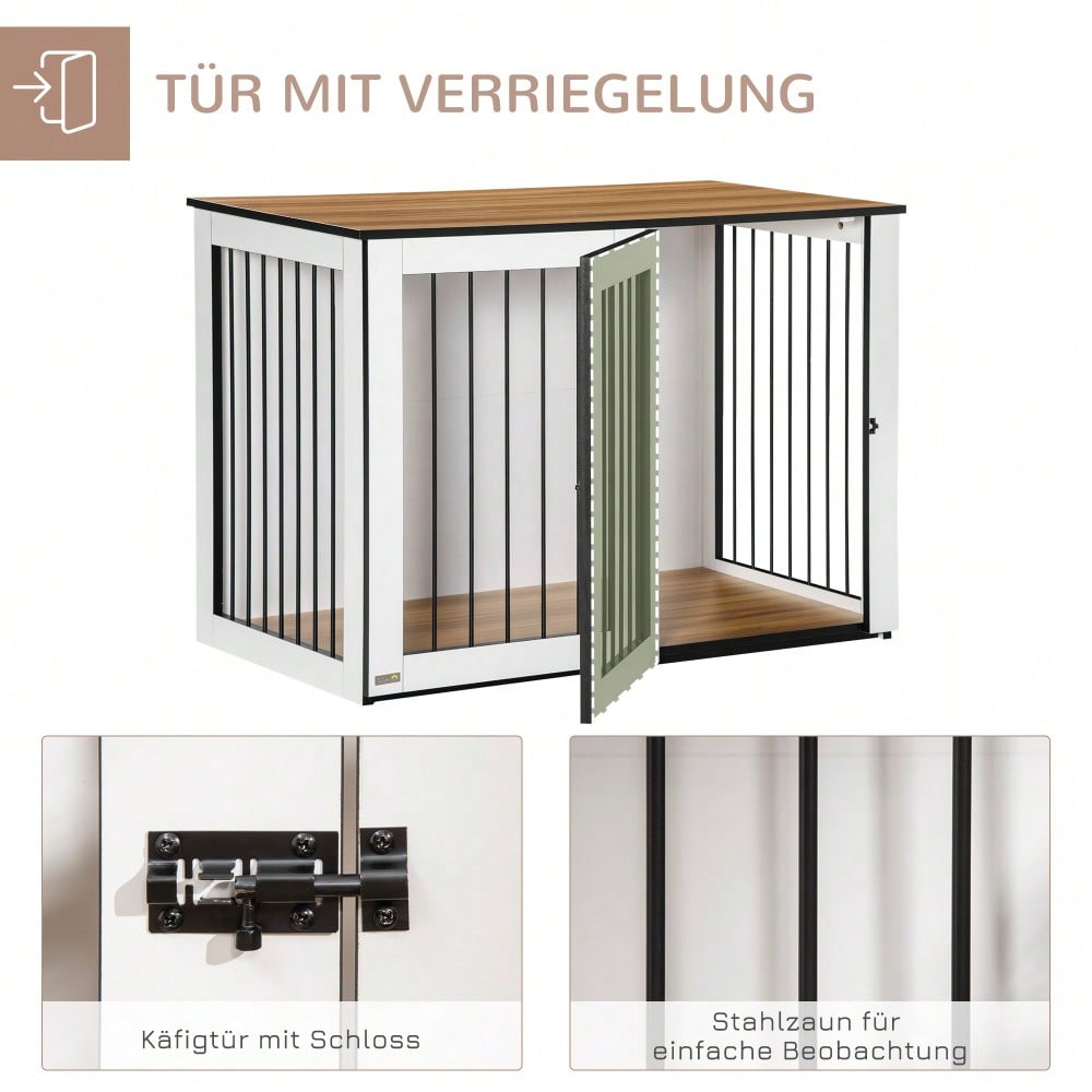 Hundekäfig für die Wohnung | Für kleine & mittelgroße Hunde | Mit verriegelbaren Türen & Spanplatten-Dach | 106x60x76 cm | Dunkelbraun/Weiß | von PawHut