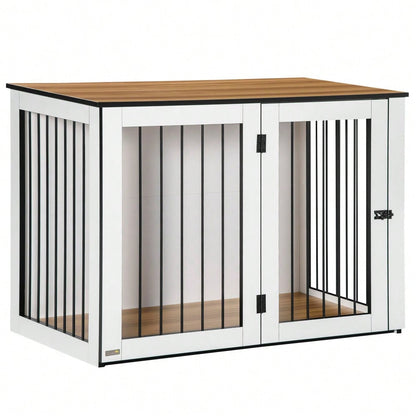 Hundekäfig für die Wohnung | Für kleine & mittelgroße Hunde | Mit verriegelbaren Türen & Spanplatten-Dach | 106x60x76 cm | Dunkelbraun/Weiß | von PawHut