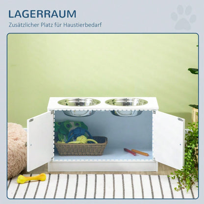 Hundenapfständer mit 44L Stauraum & Magnettüren | Erhöhte Futterstation mit 2 Edelstahlschüsseln | Für große Hunde | Futternapf & Wassernapf | Weiß | von PawHut