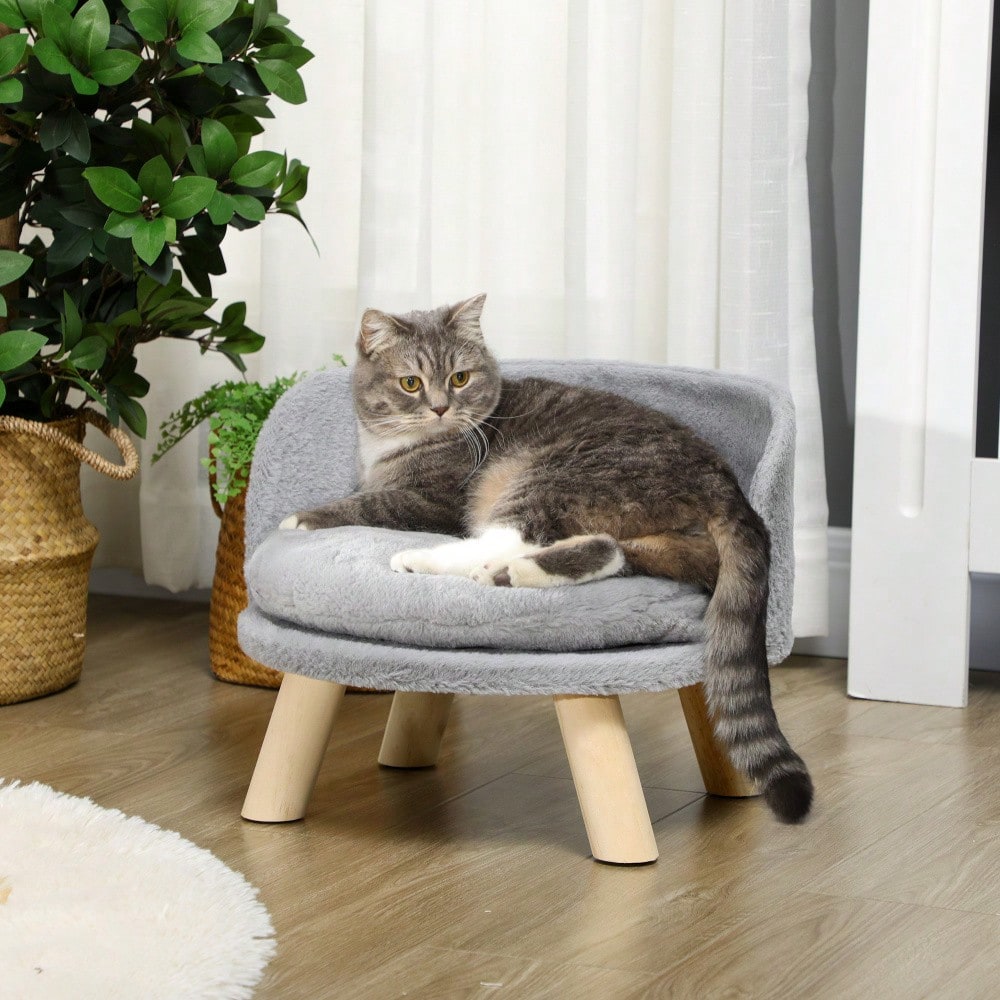 Hundebett mit rutschfesten Holzfüßen | Gemütliches Hundesofa & Katzenbett mit Polsterkissen | Für den Innenbereich | Grau | 40.5x40.5x33 cm | von PawHut