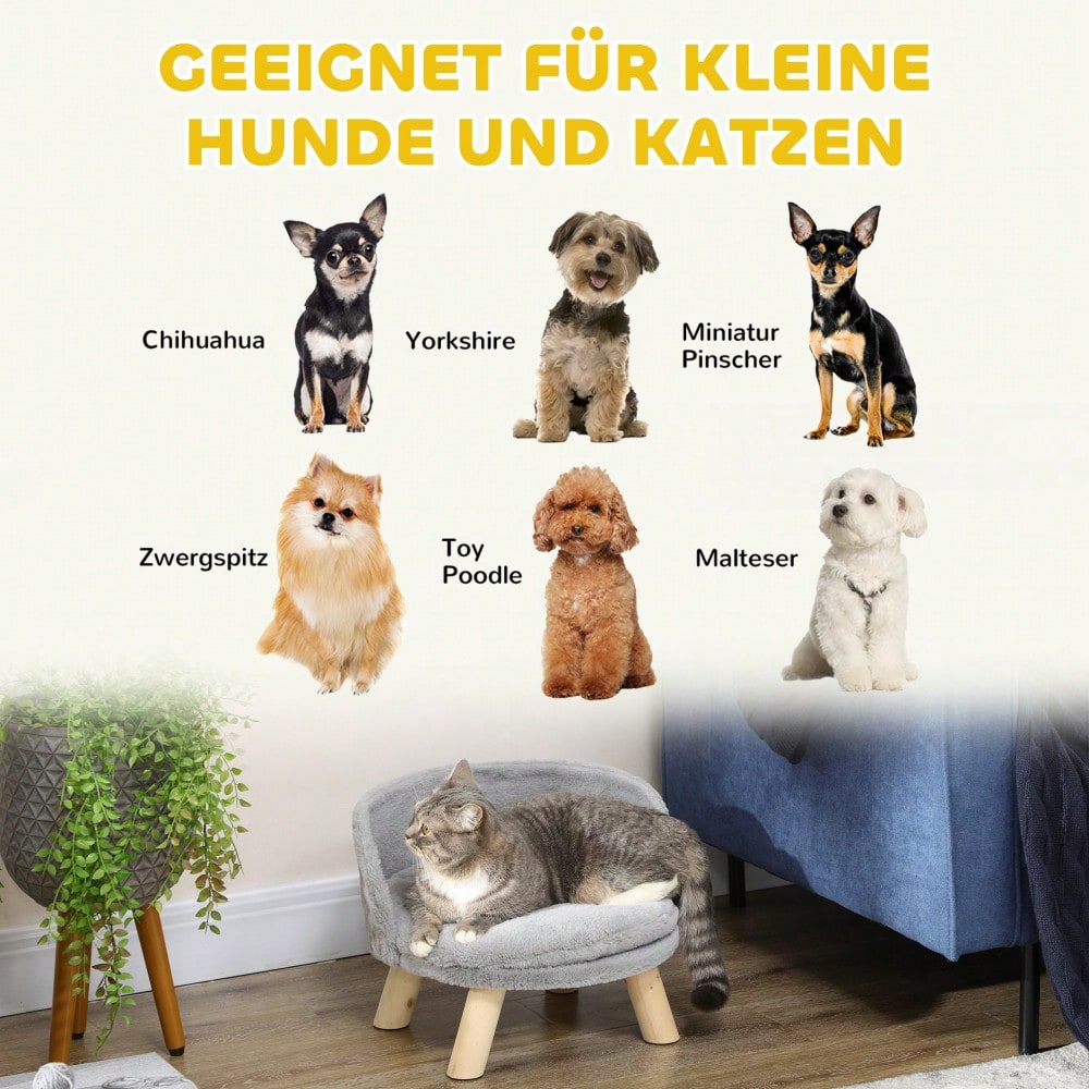 Hundebett mit rutschfesten Holzfüßen | Gemütliches Hundesofa & Katzenbett mit Polsterkissen | Für den Innenbereich | Grau | 40.5x40.5x33 cm | von PawHut