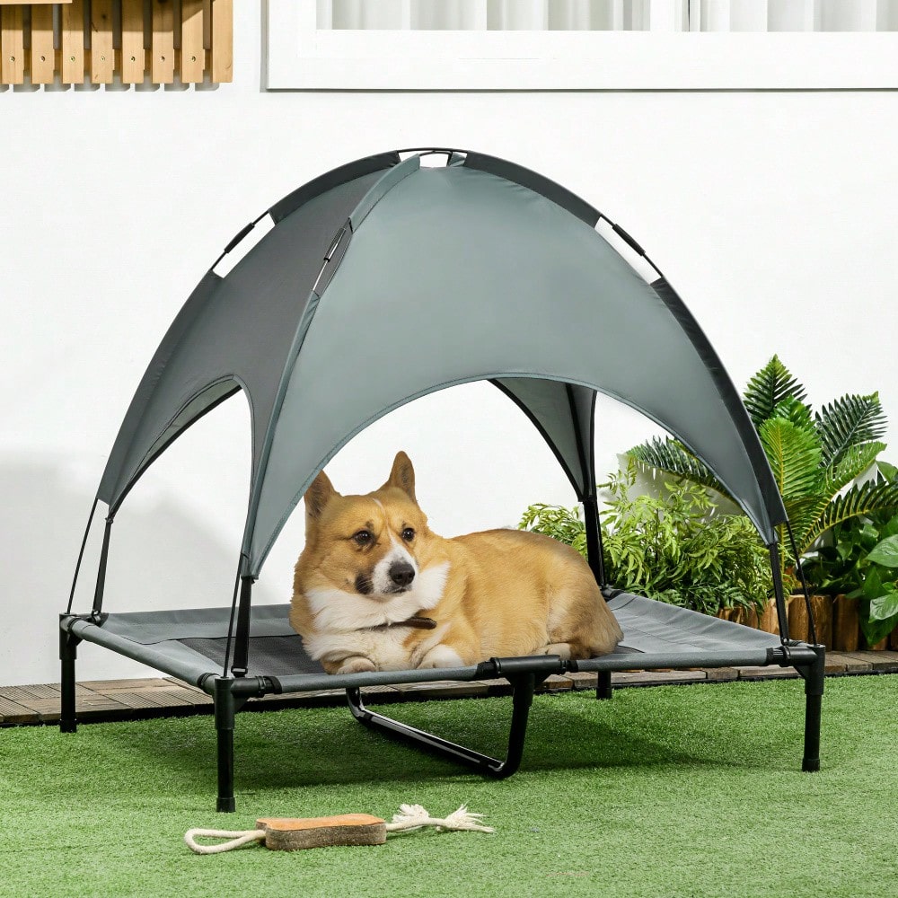 Baldachin Hundebett atmungsaktiv aus Taftstoff | Gemütlicher Schlafplatz für Hunde | Grau | 92x76x90 cm | von PawHut