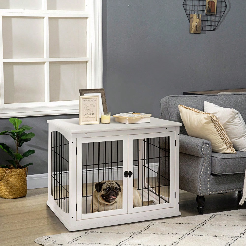 3-in-1 Hundehütte mit Transportfunktion | Hundehaus aus MDF & Metall für Innenbereich | Als Kleintierkäfig nutzbar | Weiß | 81x58.5x66 cm | von PawHut