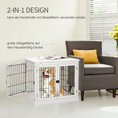 3-in-1 Hundehütte mit Transportfunktion | Hundehaus aus MDF & Metall für Innenbereich | Als Kleintierkäfig nutzbar | Weiß | 81x58.5x66 cm | von PawHut