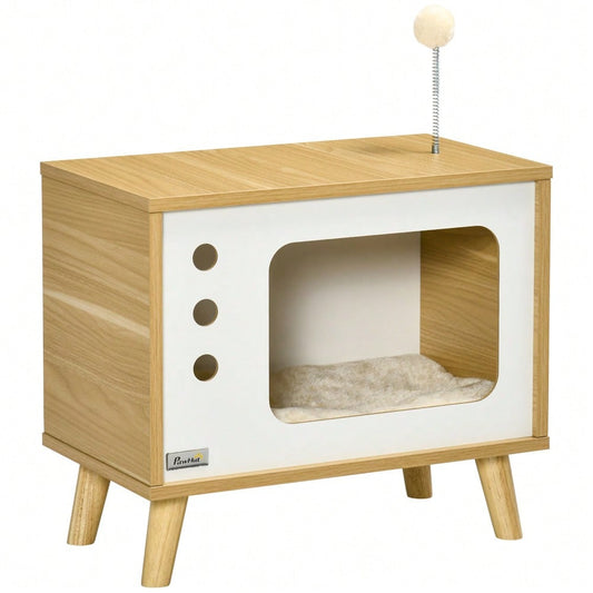 Katzenhaus im TV-Design mit Spielball & Kissen | Gemütlicher Katzenkorb & Spielhaus | Für innen | Eiche/Beige/Weiß | 50x28x43 cm | von PawHut