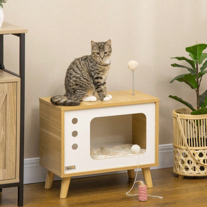 Katzenhaus im TV-Design mit Spielball & Kissen | Gemütlicher Katzenkorb & Spielhaus | Für innen | Eiche/Beige/Weiß | 50x28x43 cm | von PawHut