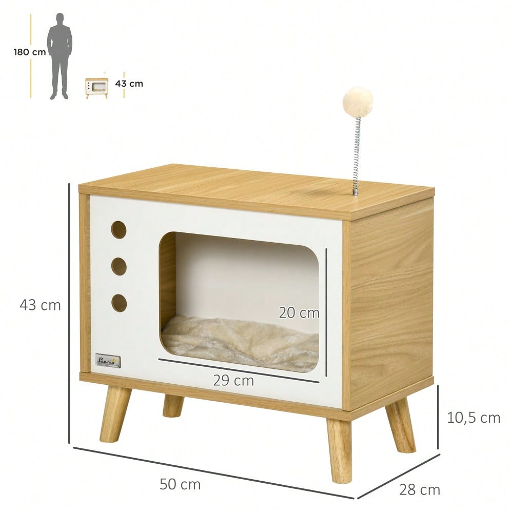 Katzenhaus im TV-Design mit Spielball & Kissen | Gemütlicher Katzenkorb & Spielhaus | Für innen | Eiche/Beige/Weiß | 50x28x43 cm | von PawHut