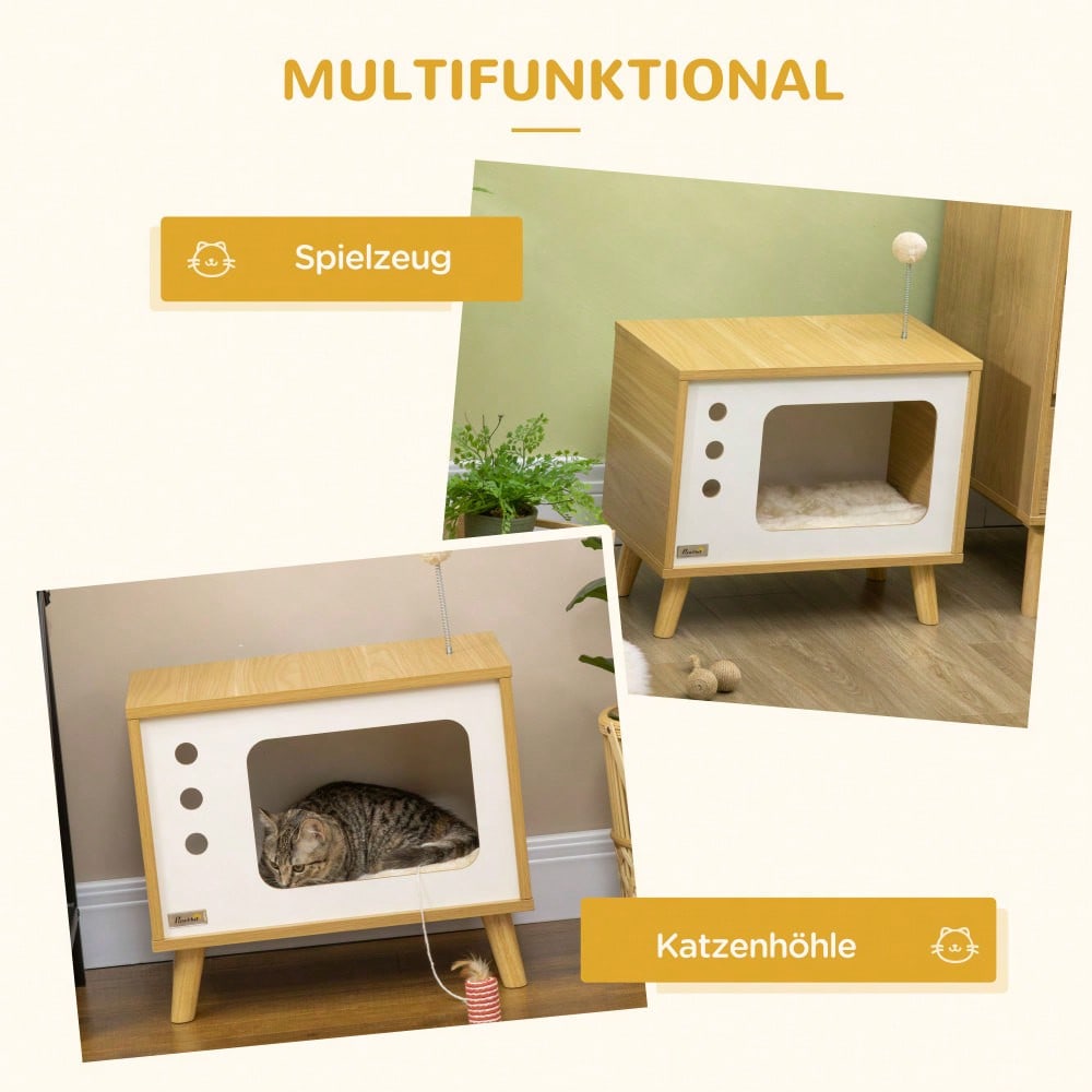 Katzenhaus im TV-Design mit Spielball & Kissen | Gemütlicher Katzenkorb & Spielhaus | Für innen | Eiche/Beige/Weiß | 50x28x43 cm | von PawHut
