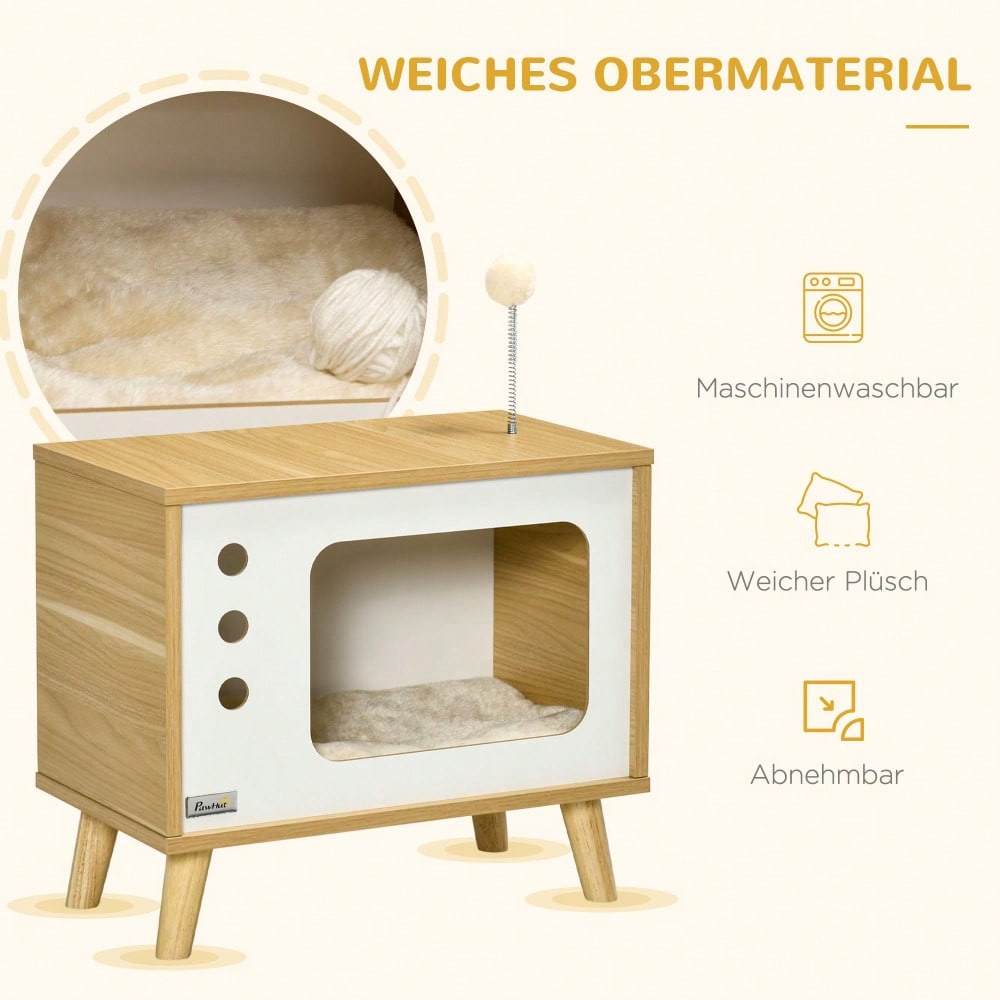 Katzenhaus im TV-Design mit Spielball & Kissen | Gemütlicher Katzenkorb & Spielhaus | Für innen | Eiche/Beige/Weiß | 50x28x43 cm | von PawHut