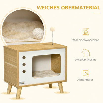 Katzenhaus im TV-Design mit Spielball & Kissen | Gemütlicher Katzenkorb & Spielhaus | Für innen | Eiche/Beige/Weiß | 50x28x43 cm | von PawHut