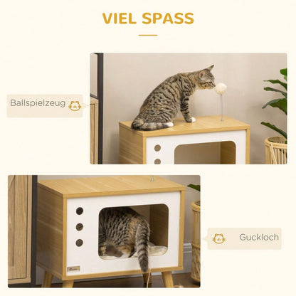 Katzenhaus im TV-Design mit Spielball & Kissen | Gemütlicher Katzenkorb & Spielhaus | Für innen | Eiche/Beige/Weiß | 50x28x43 cm | von PawHut