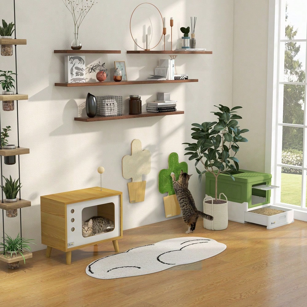 Katzenhaus im TV-Design mit Spielball & Kissen | Gemütlicher Katzenkorb & Spielhaus | Für innen | Eiche/Beige/Weiß | 50x28x43 cm | von PawHut