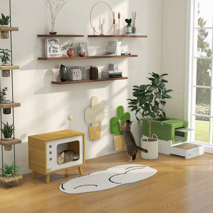 Katzenhaus im TV-Design mit Spielball & Kissen | Gemütlicher Katzenkorb & Spielhaus | Für innen | Eiche/Beige/Weiß | 50x28x43 cm | von PawHut