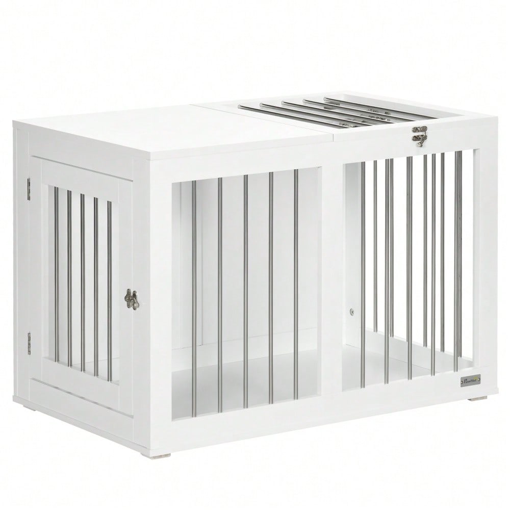 Hundekäfig mit Transportfunktion | Für mittelgroße Hunde | Mit sicherer Türverriegelung | Aus robustem Metall | Weiß | 80x50x56.5 cm | von PawHut