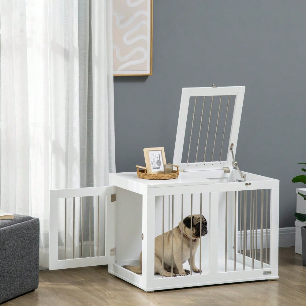 Hundekäfig mit Transportfunktion | Für mittelgroße Hunde | Mit sicherer Türverriegelung | Aus robustem Metall | Weiß | 80x50x56.5 cm | von PawHut