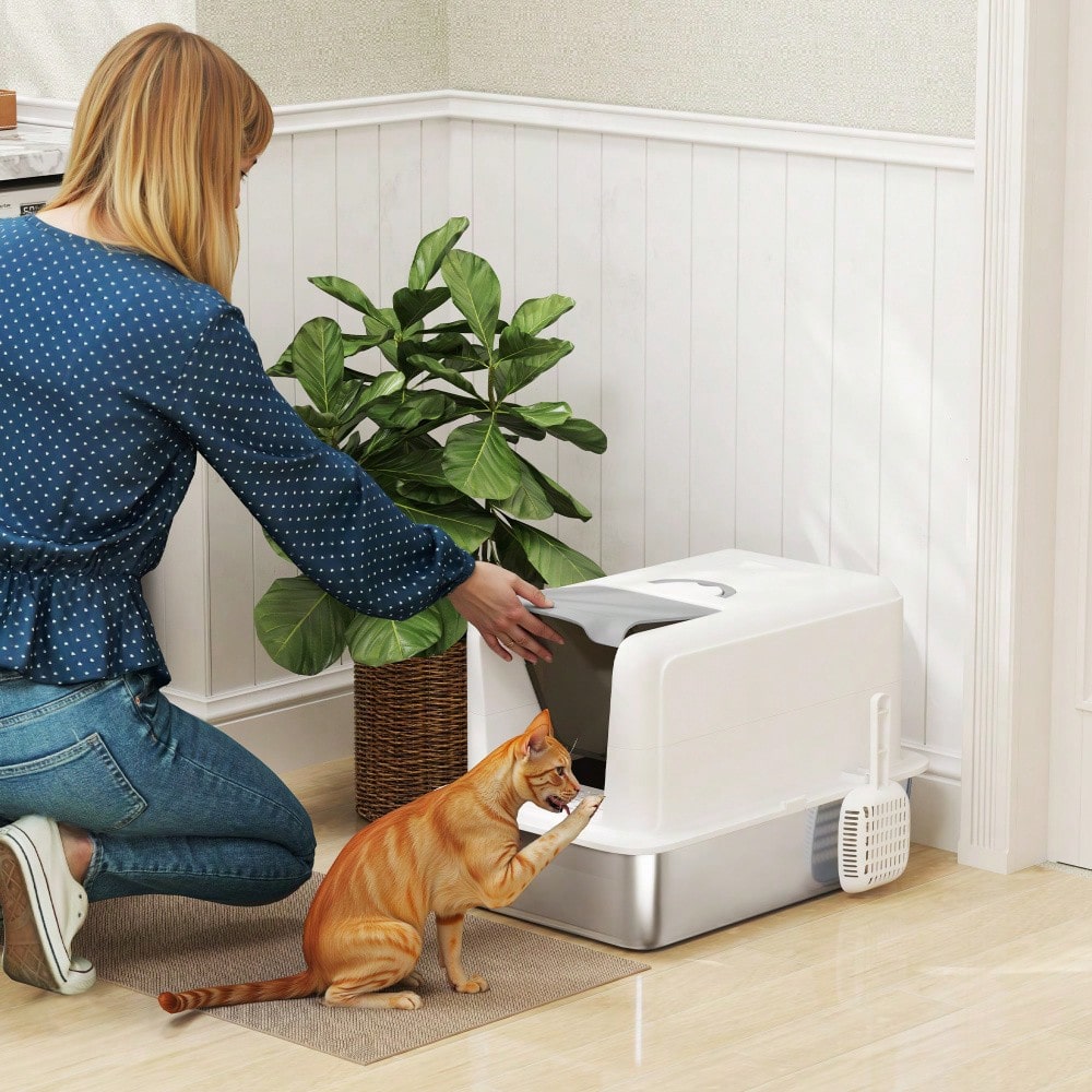 PawHut Katzenklo mit Deckel, Edelstahl Wanne, integriertem Streufilter & Schaufel, für alle Katzen bis 6 kg, Weiß