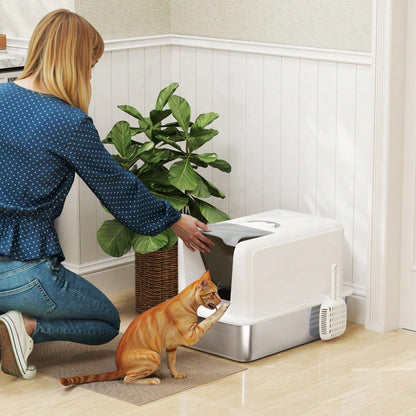PawHut Katzenklo mit Deckel, Edelstahl Wanne, integriertem Streufilter & Schaufel, für alle Katzen bis 6 kg, Weiß