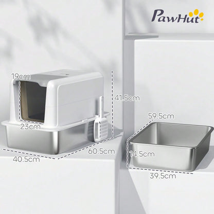PawHut Katzenklo mit Deckel, Edelstahl Wanne, integriertem Streufilter & Schaufel, für alle Katzen bis 6 kg, Weiß