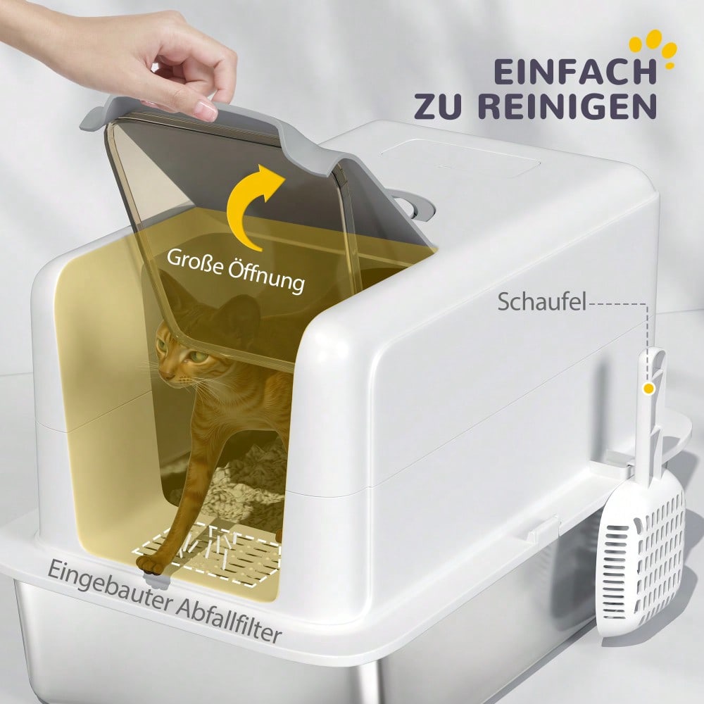 PawHut Katzenklo mit Deckel, Edelstahl Wanne, integriertem Streufilter & Schaufel, für alle Katzen bis 6 kg, Weiß