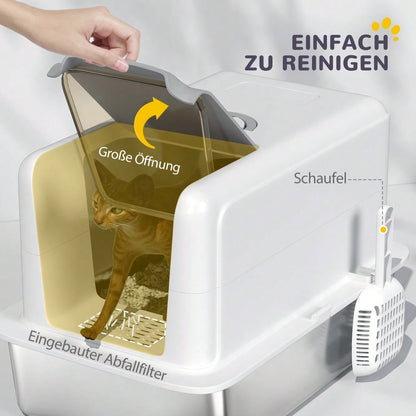PawHut Katzenklo mit Deckel, Edelstahl Wanne, integriertem Streufilter & Schaufel, für alle Katzen bis 6 kg, Weiß