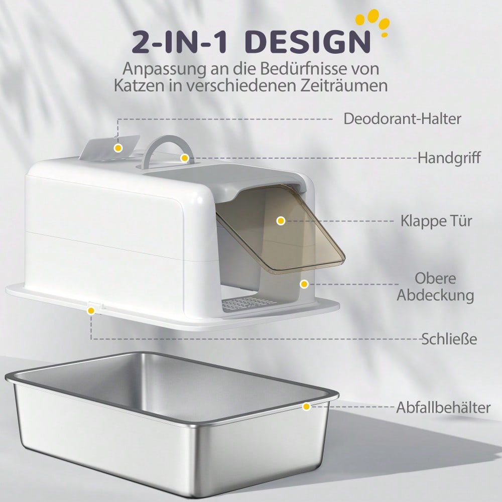 PawHut Katzenklo mit Deckel, Edelstahl Wanne, integriertem Streufilter & Schaufel, für alle Katzen bis 6 kg, Weiß