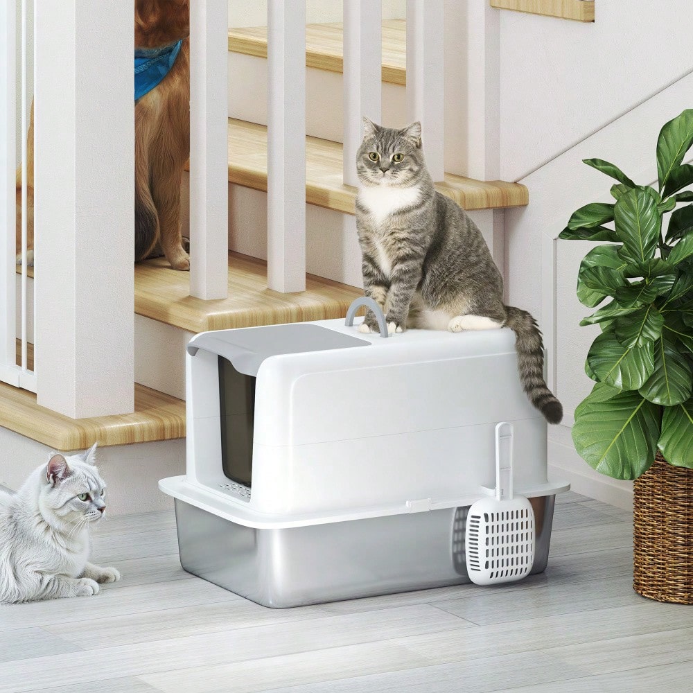 PawHut Katzenklo mit Deckel, Edelstahl Wanne, integriertem Streufilter & Schaufel, für alle Katzen bis 6 kg, Weiß