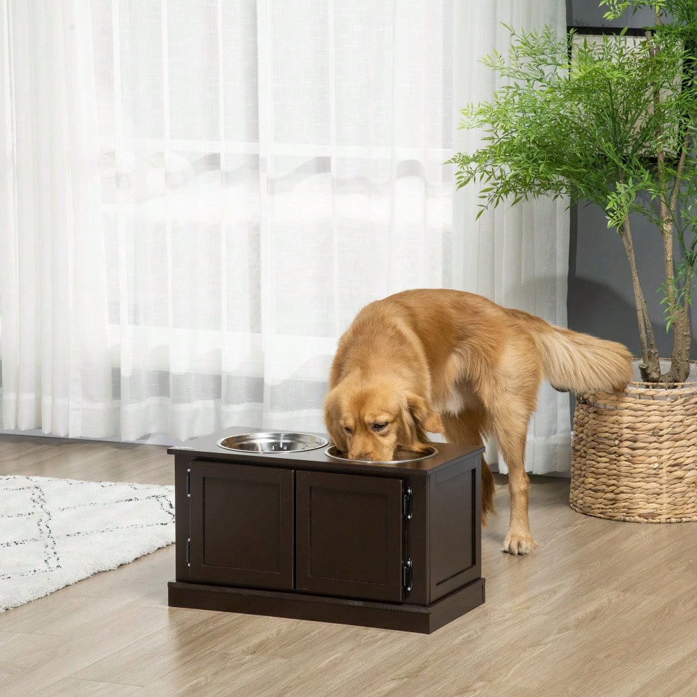 PawHut Erhöhter Hundenapf mit Stauraum, 2 Edelstahlschüsseln, Futter- und Wassernapf für große Hunde bis 45 kg, 60 cm, braun