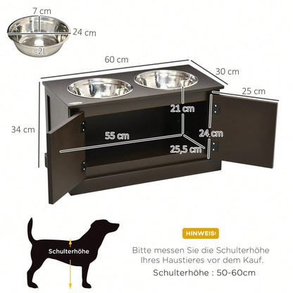 PawHut Erhöhter Hundenapf mit Stauraum, 2 Edelstahlschüsseln, Futter- und Wassernapf für große Hunde bis 45 kg, 60 cm, braun