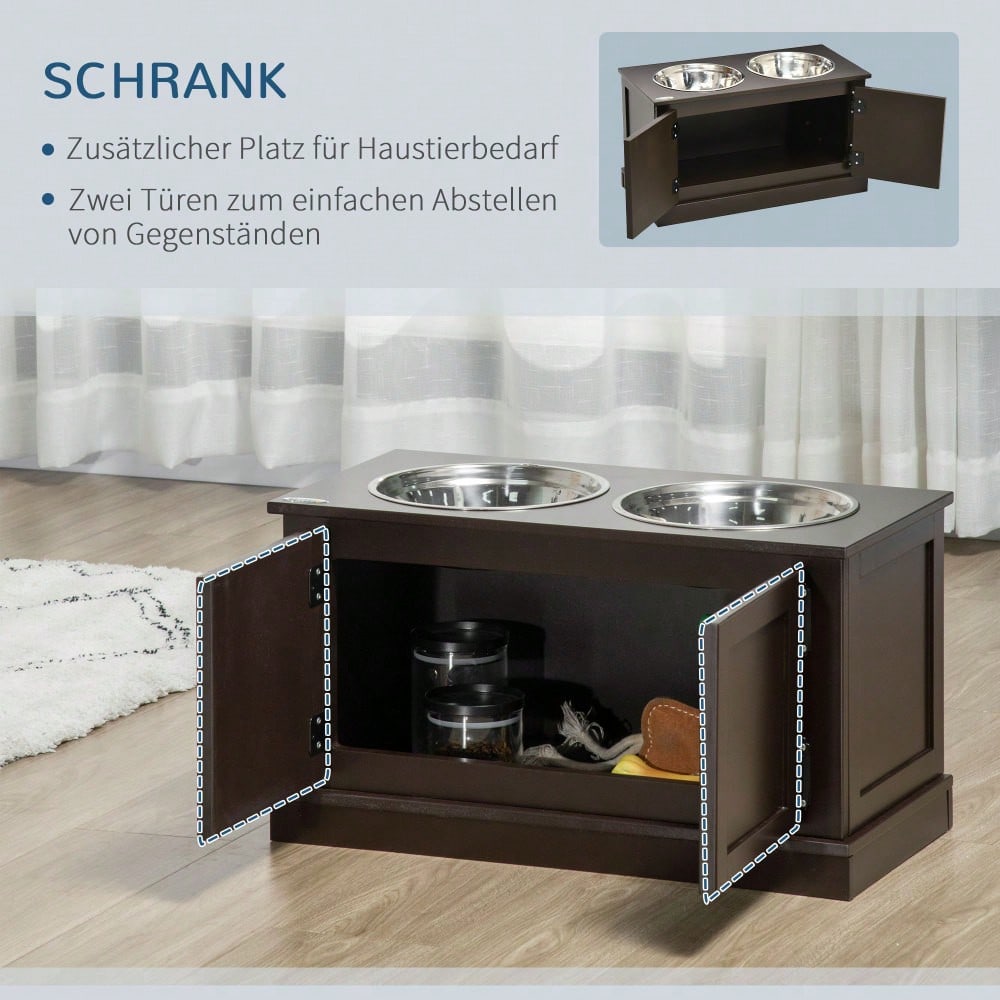 PawHut Erhöhter Hundenapf mit Stauraum, 2 Edelstahlschüsseln, Futter- und Wassernapf für große Hunde bis 45 kg, 60 cm, braun