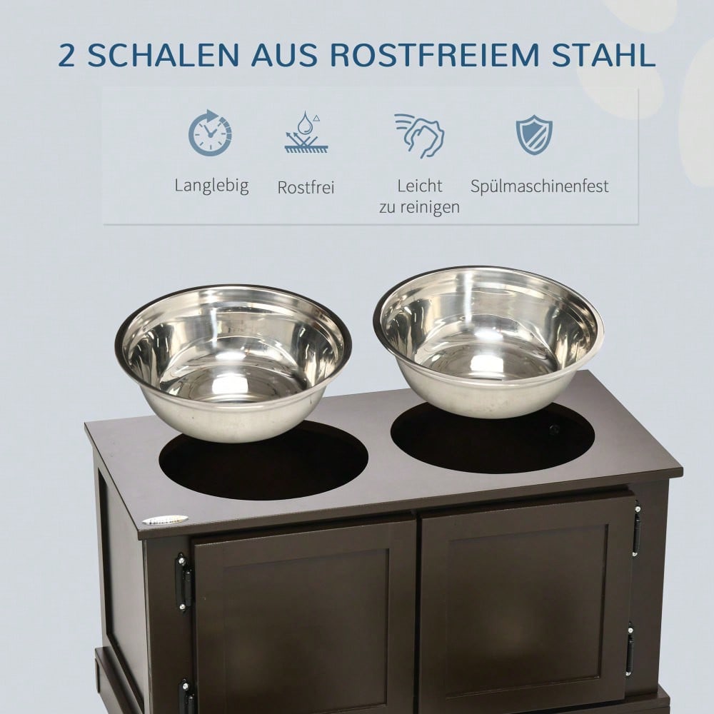 PawHut Erhöhter Hundenapf mit Stauraum, 2 Edelstahlschüsseln, Futter- und Wassernapf für große Hunde bis 45 kg, 60 cm, braun