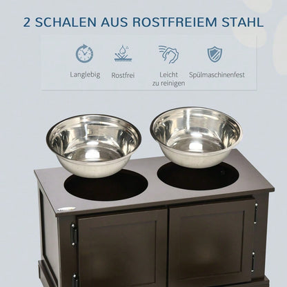 PawHut Erhöhter Hundenapf mit Stauraum, 2 Edelstahlschüsseln, Futter- und Wassernapf für große Hunde bis 45 kg, 60 cm, braun
