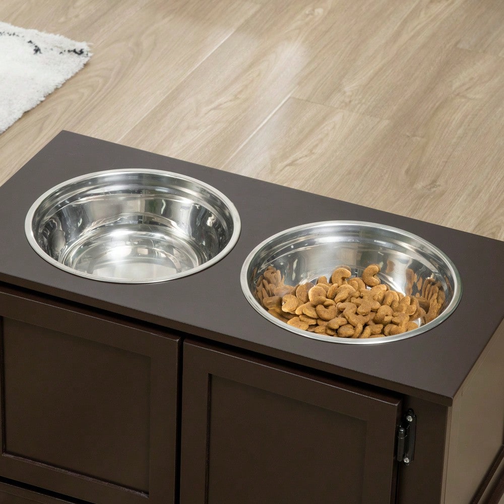 PawHut Erhöhter Hundenapf mit Stauraum, 2 Edelstahlschüsseln, Futter- und Wassernapf für große Hunde bis 45 kg, 60 cm, braun