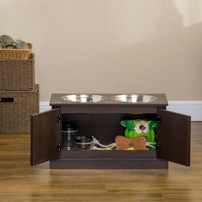 PawHut Erhöhter Hundenapf mit Stauraum, 2 Edelstahlschüsseln, Futter- und Wassernapf für große Hunde bis 45 kg, 60 cm, braun
