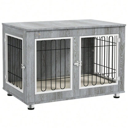 PawHut Hundekäfig mit Polster & 2 Türen, Hundebox mit Doppelverriegelung für mittelgroße Hunde, grau, 90x58x65 cm