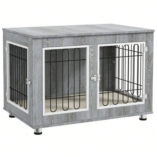 PawHut Hundekäfig mit Polster & 2 Türen, Hundebox mit Doppelverriegelung für mittelgroße Hunde, grau, 90x58x65 cm