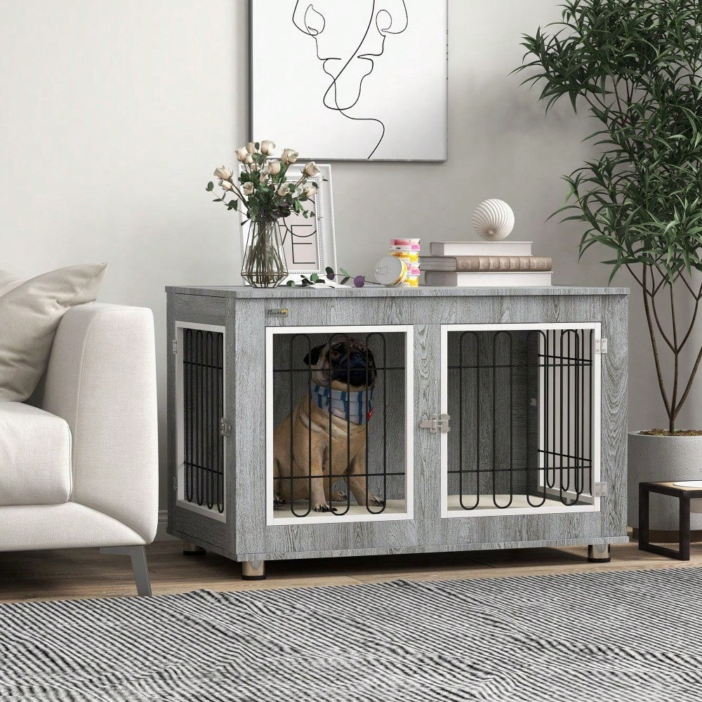 PawHut Hundekäfig mit Polster & 2 Türen, Hundebox mit Doppelverriegelung für mittelgroße Hunde, grau, 90x58x65 cm