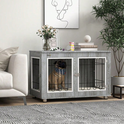 PawHut Hundekäfig mit Polster & 2 Türen, Hundebox mit Doppelverriegelung für mittelgroße Hunde, grau, 90x58x65 cm