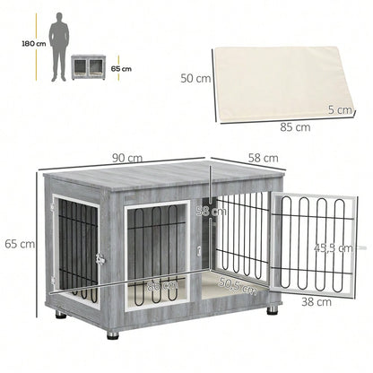 PawHut Hundekäfig mit Polster & 2 Türen, Hundebox mit Doppelverriegelung für mittelgroße Hunde, grau, 90x58x65 cm