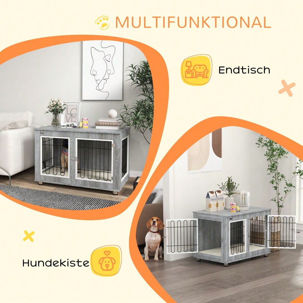 PawHut Hundekäfig mit Polster & 2 Türen, Hundebox mit Doppelverriegelung für mittelgroße Hunde, grau, 90x58x65 cm
