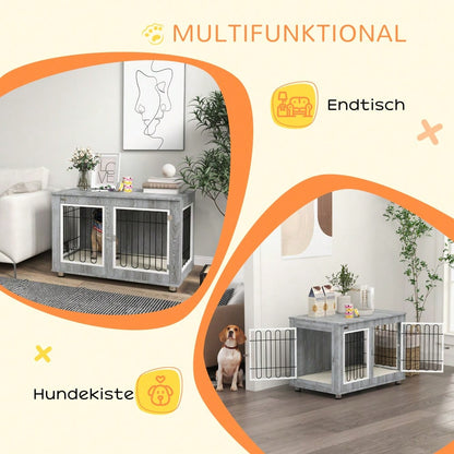 PawHut Hundekäfig mit Polster & 2 Türen, Hundebox mit Doppelverriegelung für mittelgroße Hunde, grau, 90x58x65 cm