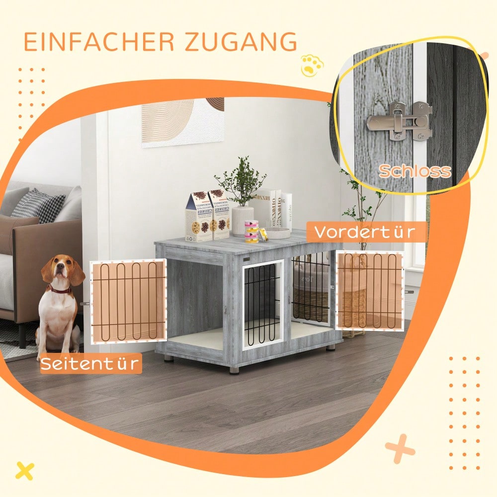 PawHut Hundekäfig mit Polster & 2 Türen, Hundebox mit Doppelverriegelung für mittelgroße Hunde, grau, 90x58x65 cm