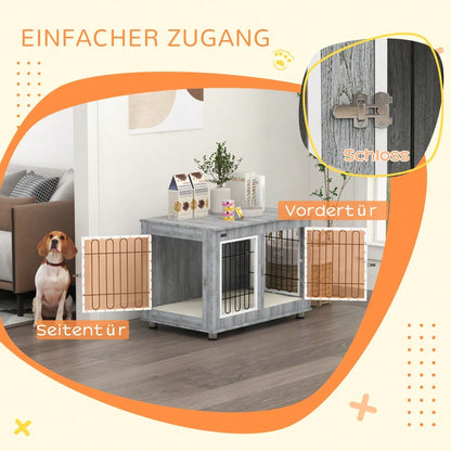 PawHut Hundekäfig mit Polster & 2 Türen, Hundebox mit Doppelverriegelung für mittelgroße Hunde, grau, 90x58x65 cm